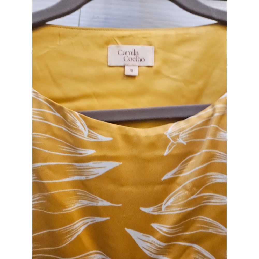Camila Coelho Yellow Leaf Print Puff Sleeve Cutout Tie Front Crop Top Small